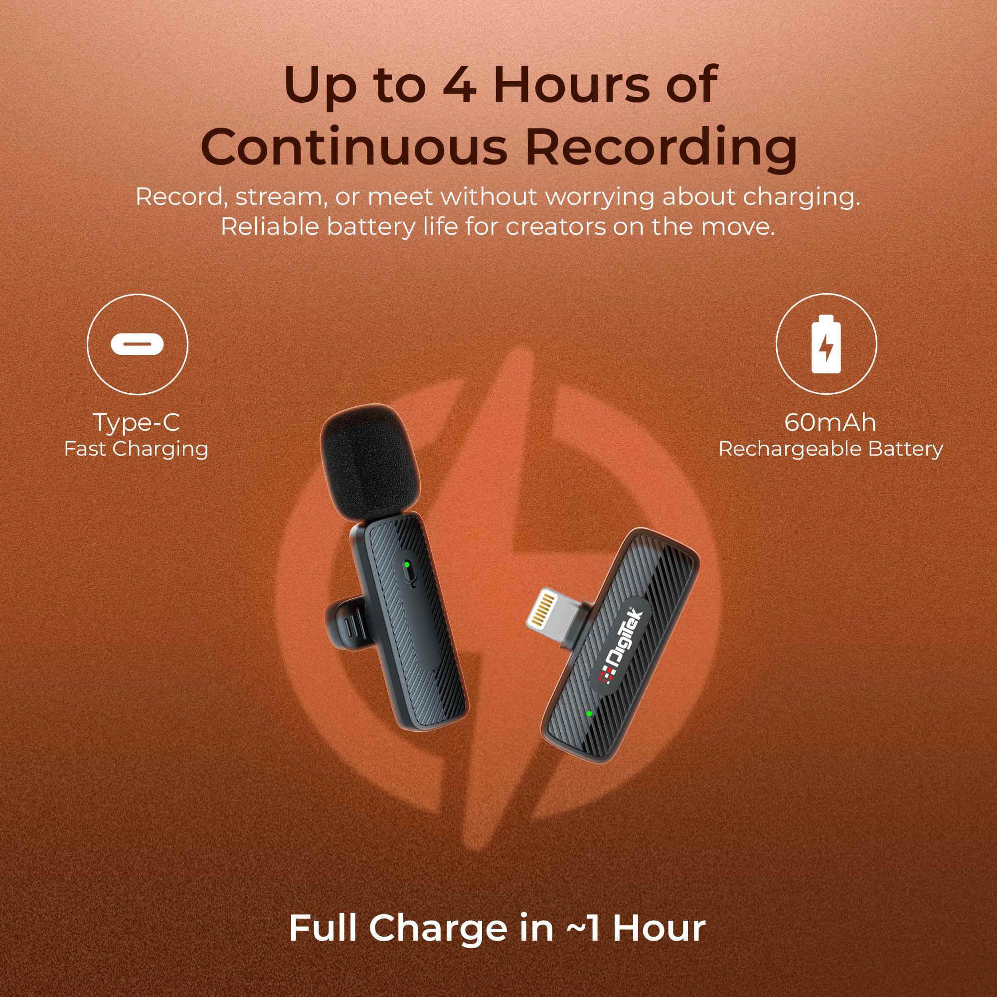 Digitek® (DWM-007 PRO) Wireless Microphone & Receiver with Lightning Connector, 2.4GHz Frequency, 4Hr Battery, 20m Range, Compatible with iPhone & iPad, For Voice Recording, Interview & Live Streaming