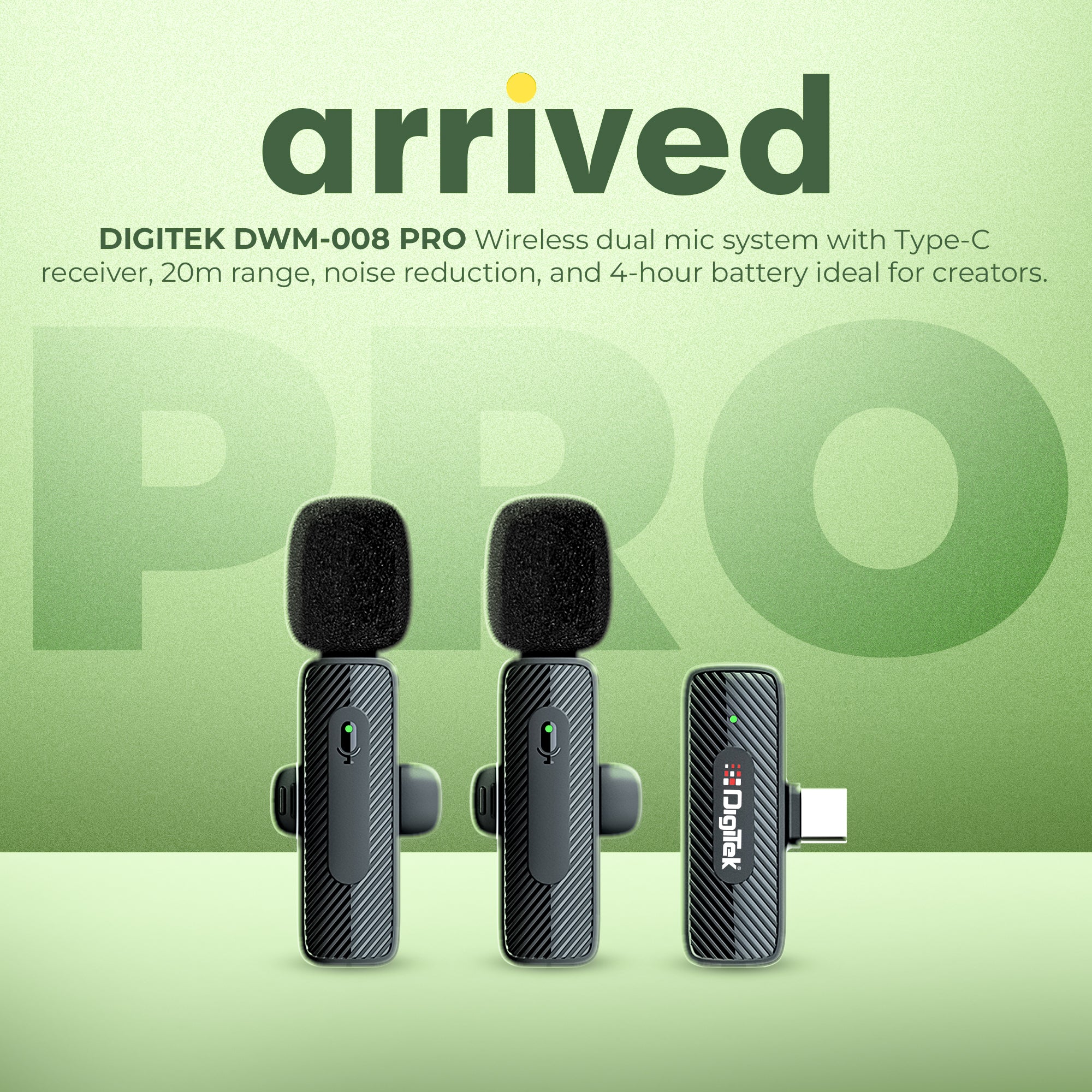 Digitek® (DWM-008 PRO) Wireless Microphone & Receiver with Type-C Connector, 2x Mic System, 2.4GHz Frequency, 4Hr Battery, 20m Range, For Android Devices, Ideal for Voice Recording, & Live Streaming