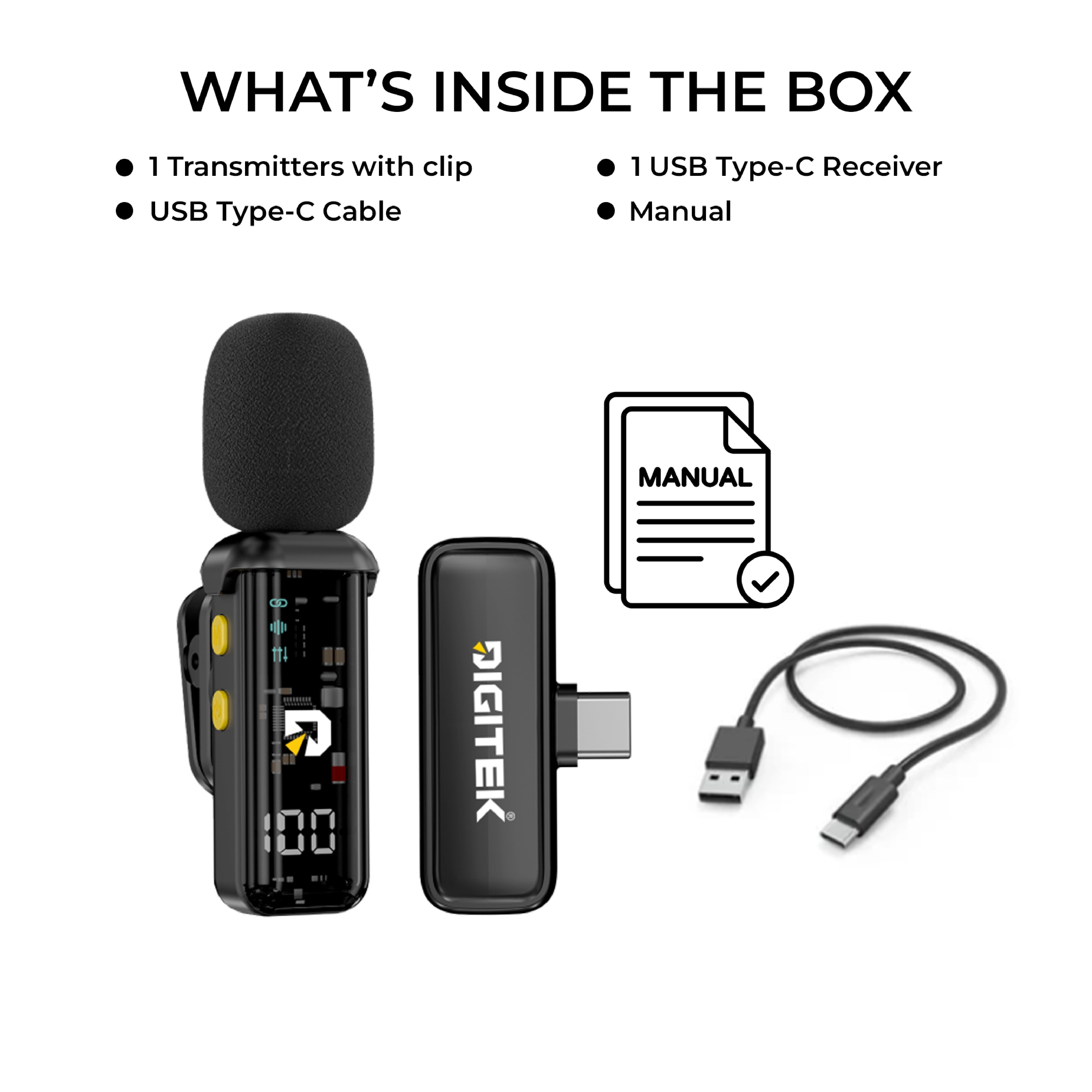 Digitek DWM-011 Wireless Microphone System for iPhone 15 Series & USB-C Android Devices, 2.4GHz Plug & Play Lavalier Mic, Noise Reduction, Echo Mode, 20m Range, 4H Battery Life, Type-C Receiver