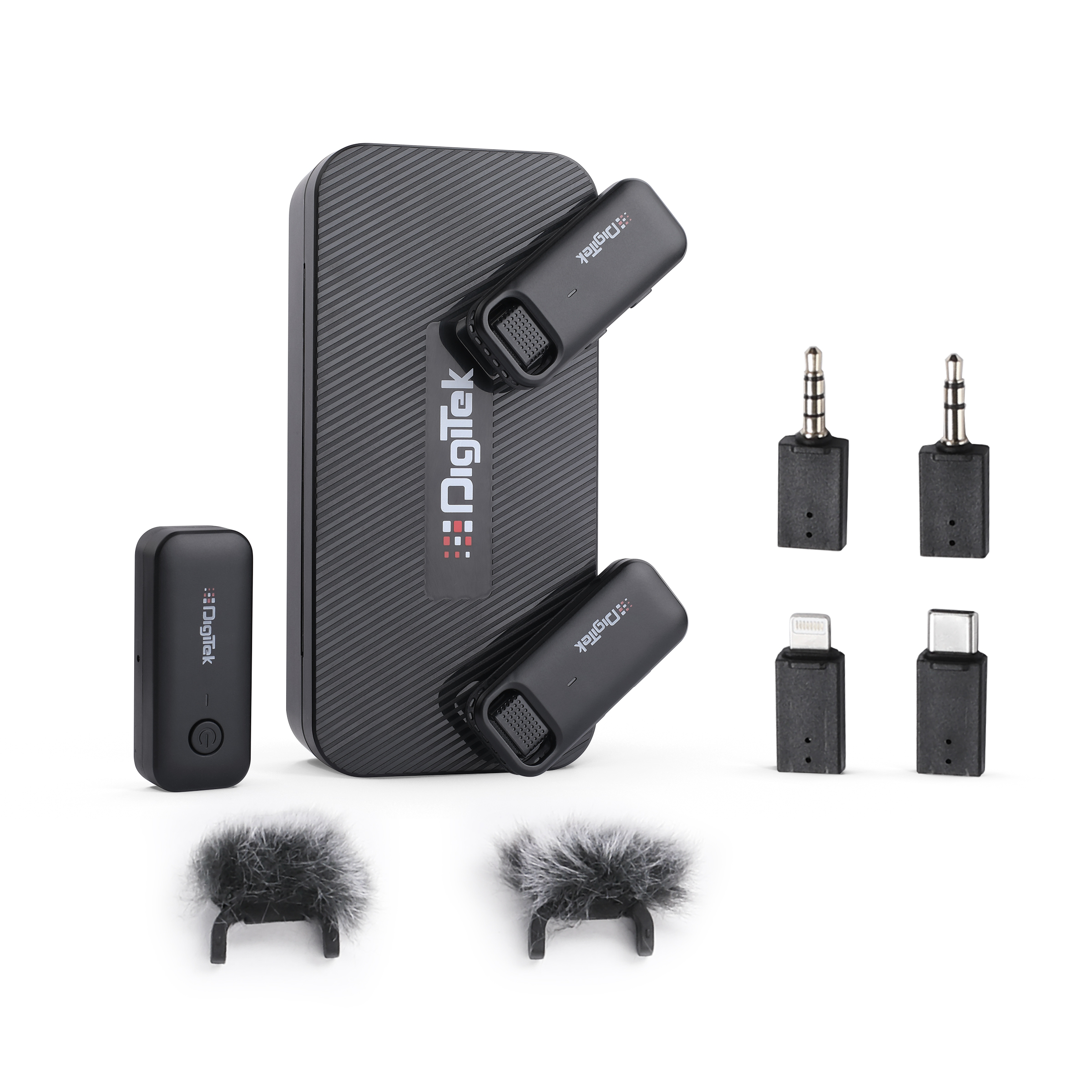 Digitek DWM-106 2-in-1 Wireless Microphone System with Type C & Lightning Connector and 1000mAh Battery Capacity to Charge Receiver & Transmitter for for DSLR Camera, Android & iOS Smartphones