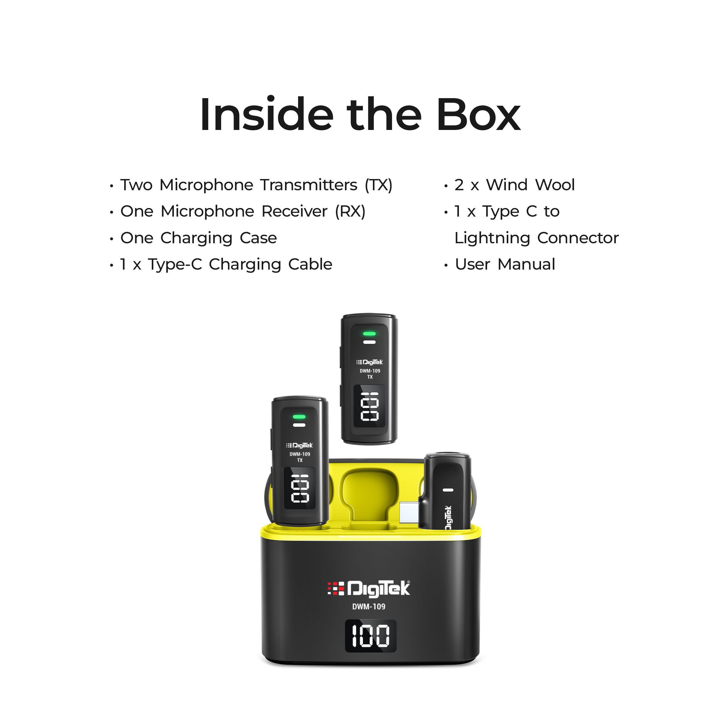 Digitek® DWM-109 2-in-1 Wireless Microphone System, 50m Range, 7Hr Battery, Type-C to Lightning Converter, 2.4GHz, Noise Reduction, for Android & iPhone, Record Meeting, Interviews & More