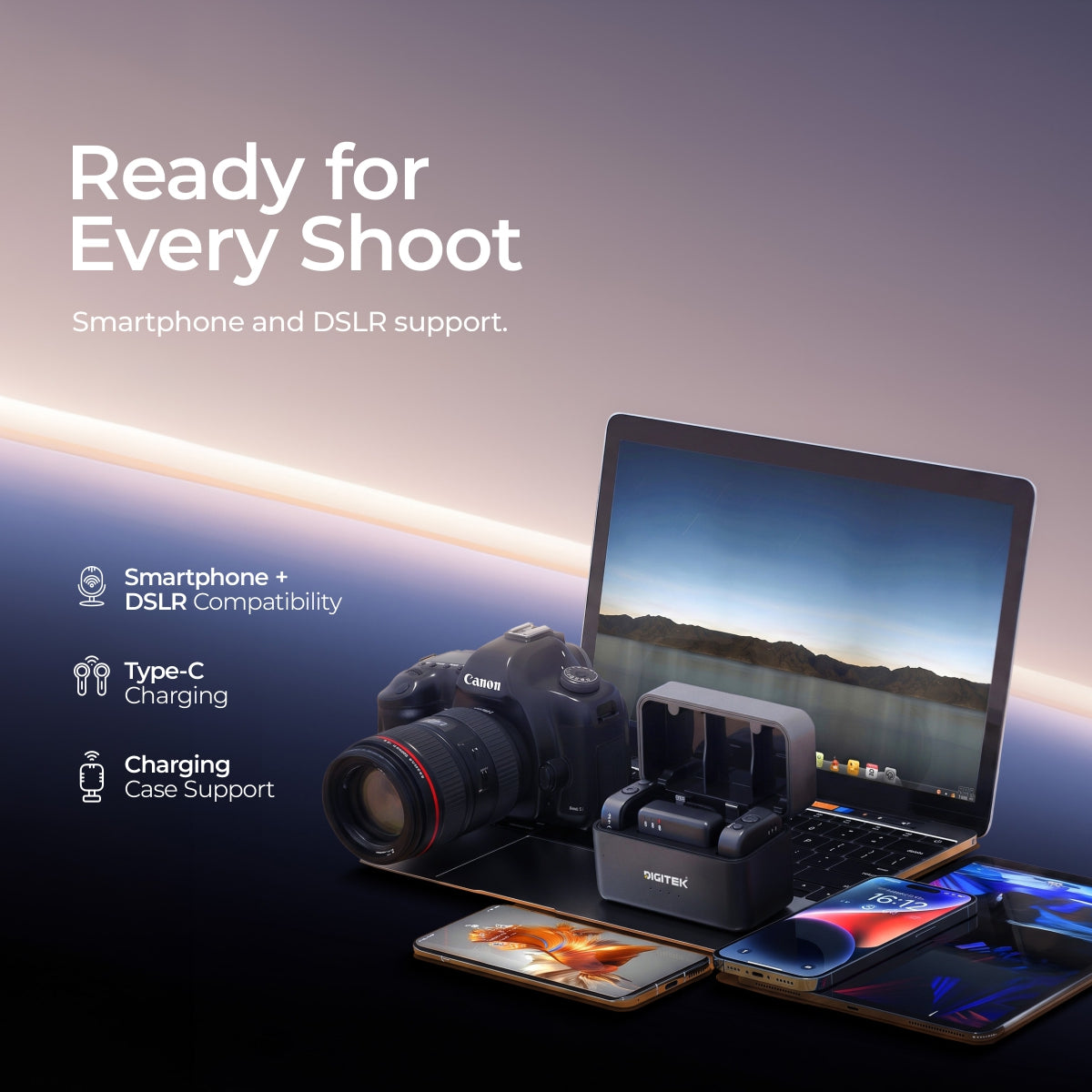 Digitek DWM 122 Wireless Microphone System with Wireless Audio Monitoring, TF Card Support, Type C & LTC Connector, 80M Range, 4.5Hr Run Time, Record with Android iOS Smartphone and DSLR for Vlogging, Interviews & Podcast