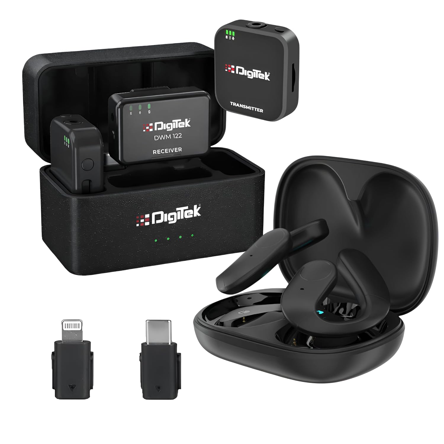 Digitek DWM 122 Wireless Microphone System with Wireless Audio Monitoring, TF Card Support, Type C & LTC Connector, 80M Range, 4.5Hr Run Time, Record with Android iOS Smartphone and DSLR for Vlogging, Interviews & Podcast