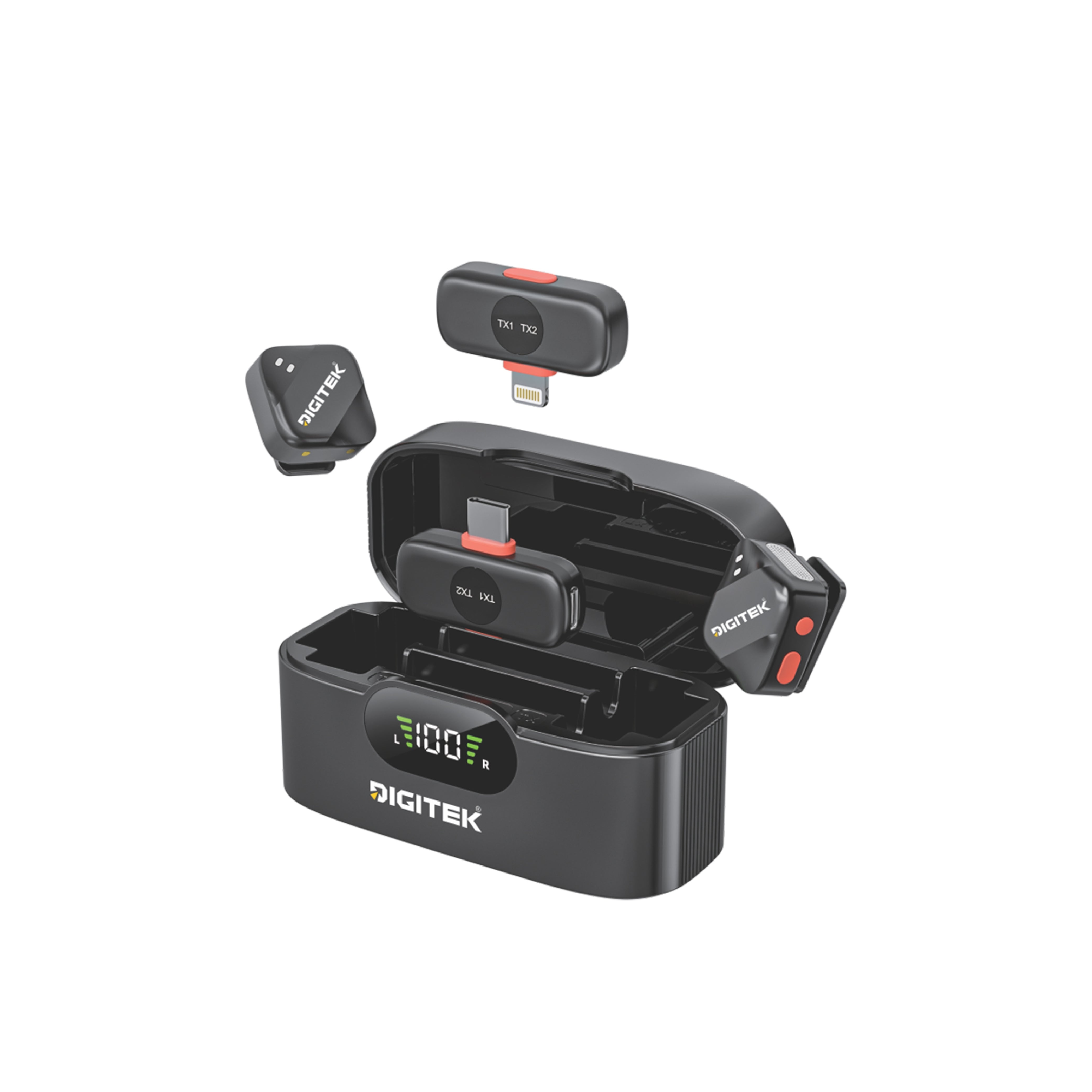 Digitek DWM-125 2-in-1 Wireless Microphone with Charging Case for iPhone 15 Series & USB-C Android Devices, Dual Transmitters, 2.4GHz Wireless, Noise Reduction, 30m Range, 6H Battery Life, Plug & Play