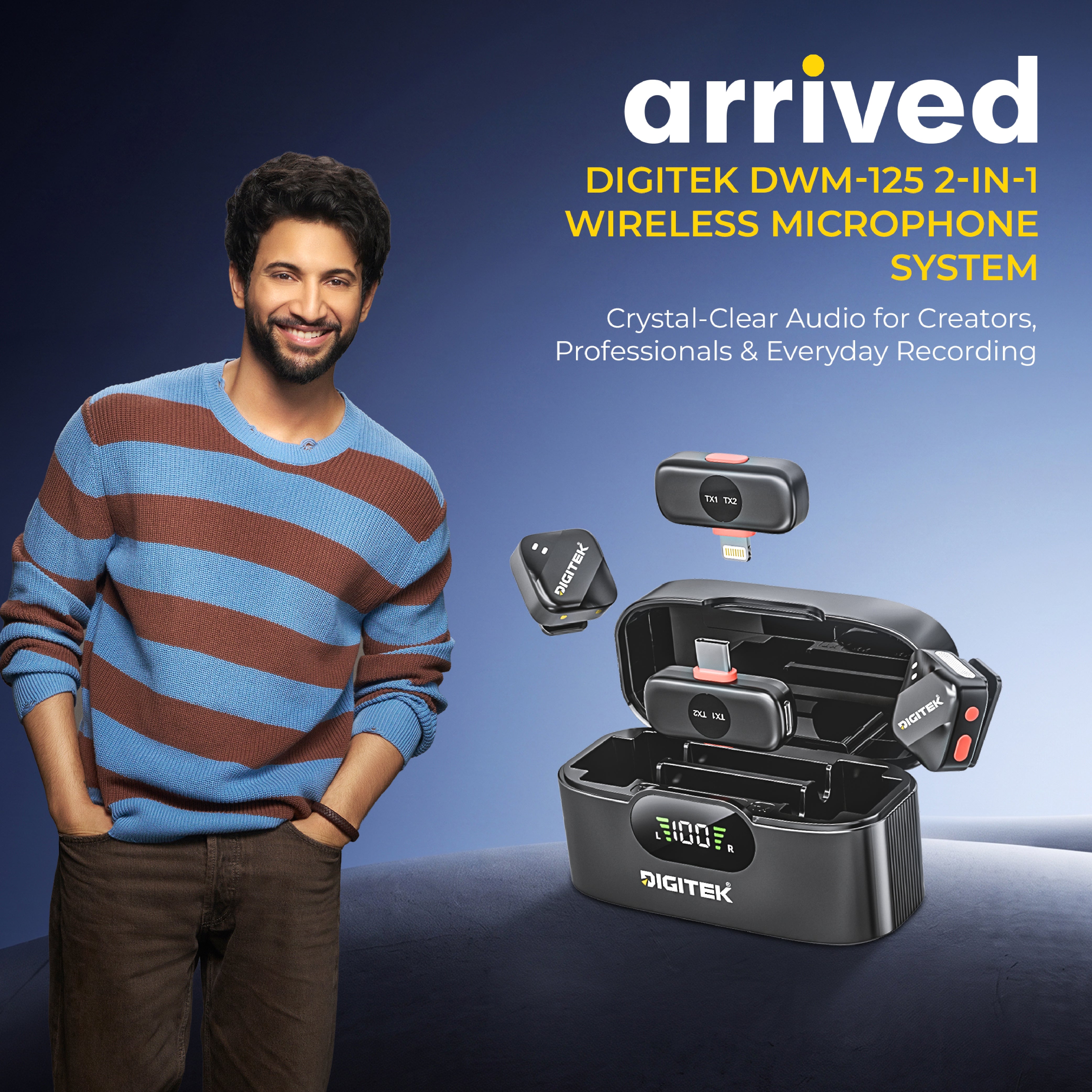 Digitek DWM-125 2-in-1 Wireless Microphone with Charging Case for iPhone 15 Series & USB-C Android Devices, Dual Transmitters, 2.4GHz Wireless, Noise Reduction, 30m Range, 6H Battery Life, Plug & Play