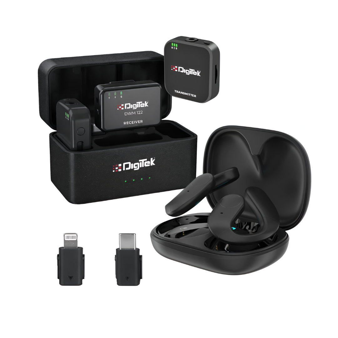 Digitek DWM 122 Wireless Microphone System with Wireless Audio Monitoring, TF Card Support, Type C & LTC Connector, 80M Range, 4.5Hr Run Time, Record with Android iOS Smartphone and DSLR for Vlogging, Interviews & Podcast