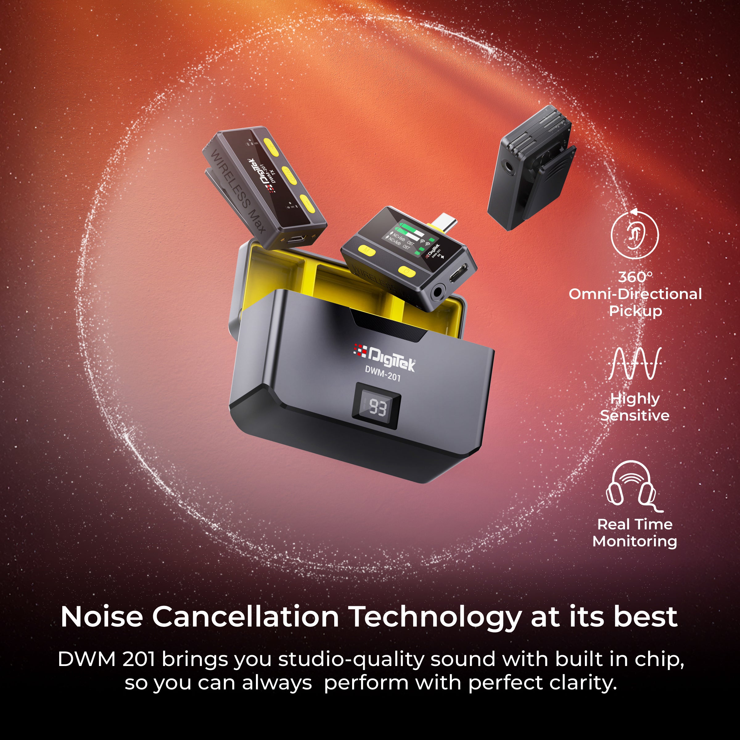 Digitek DWM-201 Wireless Microphone System with Remote & Noise Cancellation, 12 Sound Effects, 3 Voice Modes, 50m Range, Use with iPhone/Android & DSLR Camera for Vlogs, Interview & Podcasts
