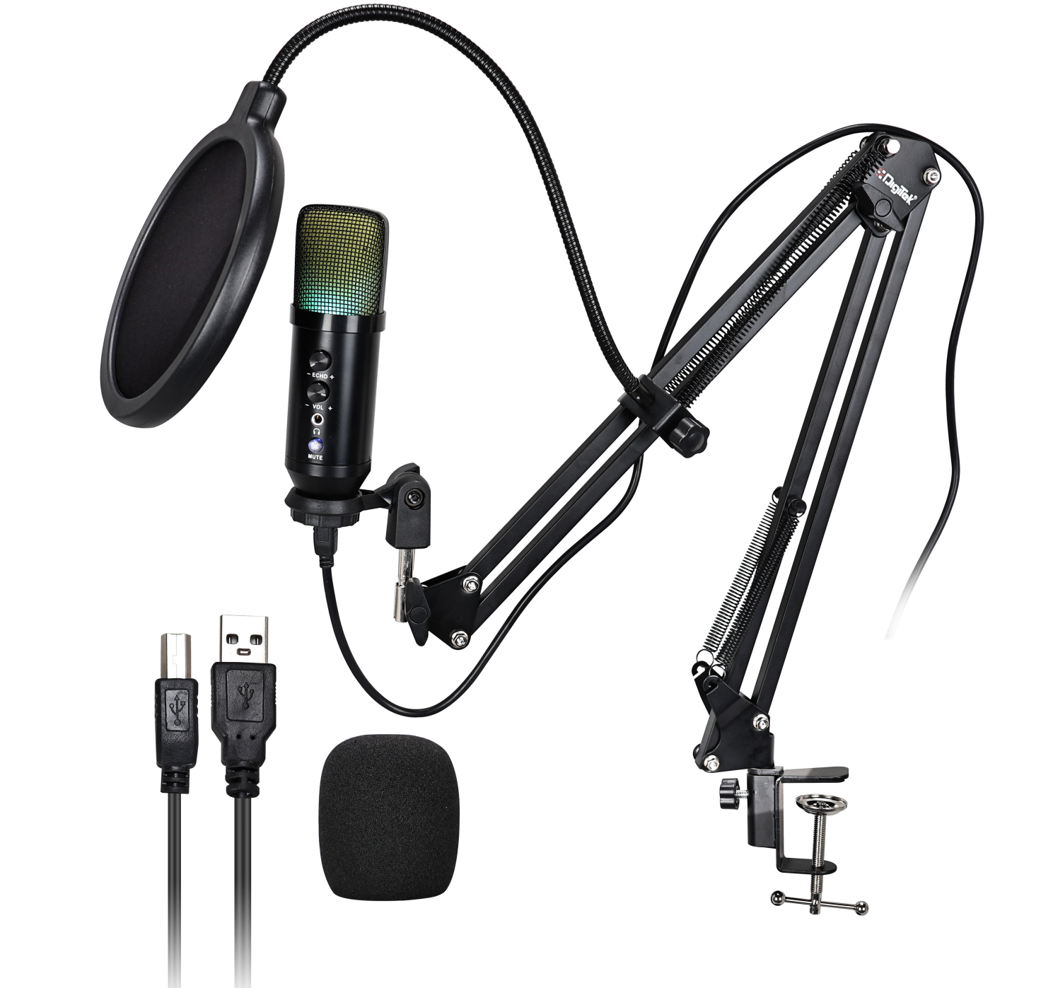 Digitek (DM 401) RGB USB Condenser Microphone Kit with BoomArm, Pop Filter, Shock Mount, Mic Cover, Desktop Mount, Tripod & 1.5M USB Cable, Compatible with PS4/PS5, Window & Mac PC/Laptop/Smartphone, for Podcasting, Gaming, Singing & Live Streaming