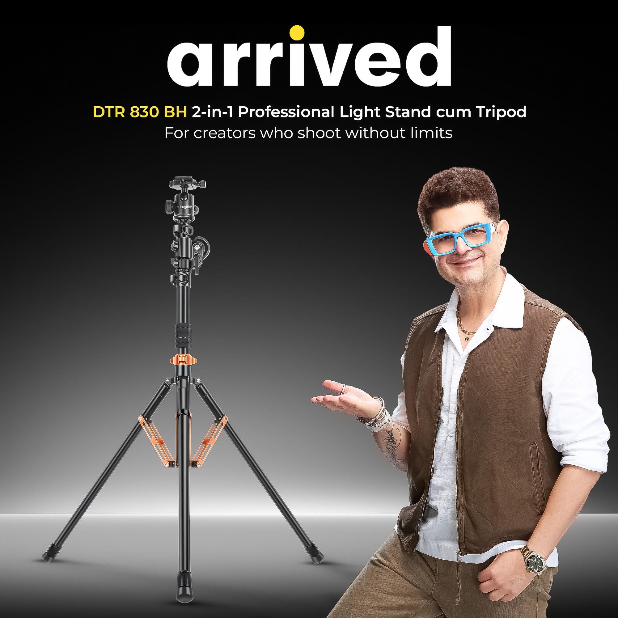 Digitek (DTR 830BH) 8.26ft Aluminum Light Stand Cum Tripod, 5Kg Max Load, 360° Adjustment, Ball Head, 4-Section, Overhead Shooting, 1/4 & 3/8 Screws, Cameras & Video Lights Compatible, for Photography