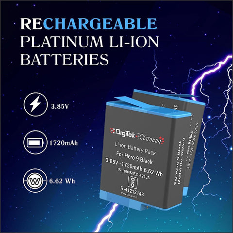 Digitek (DBG-9) Platinum Li-ion Rechargeable Battery Pack for GoPro Hero 9 Black 3.8V 1720mAh 6.62 Wh. DBG-9 - Digitek