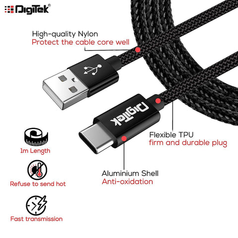 Digitek (DC 1M C NBBLK) Digitek Platinum Nylon Braided Rapid Charge & Data Sync Type C USB Cable. - Digitek