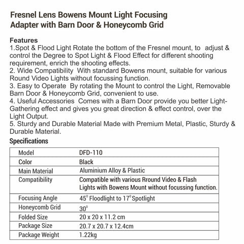 Digitek DFD-110 Fresnel Lens Bowens Mount Light Focusing Adapter with Barn Door & Honeycomb Grid - Digitek