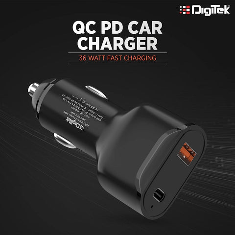 Digitek (DMC UPD 36W, Black) Cellular Phones Qc Pd 36W Car Charger With Quick Charge 3.0 And Power Delivery, Type-C & Usb Port With Wide Compatibility (DMC UPD 36W, Black) - Digitek