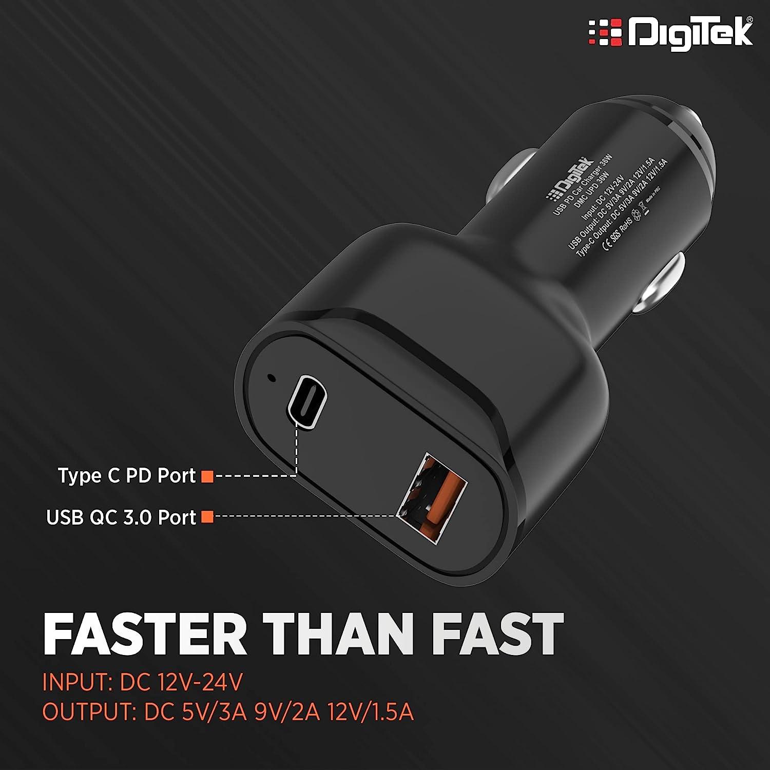 Digitek (DMC UPD 36W, Black) Cellular Phones Qc Pd 36W Car Charger With Quick Charge 3.0 And Power Delivery, Type-C & Usb Port With Wide Compatibility (DMC UPD 36W, Black) - Digitek