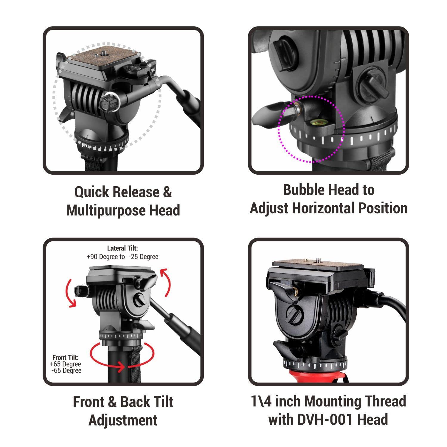 Digitek (DMP-70H) Professional Monopod with 3 Leg Base & Video Head, Portable & Stable Monopod with Flip Lock, Max. Operating Height: (5.9 Feet), Max. Load Upto: 3 kg - Digitek