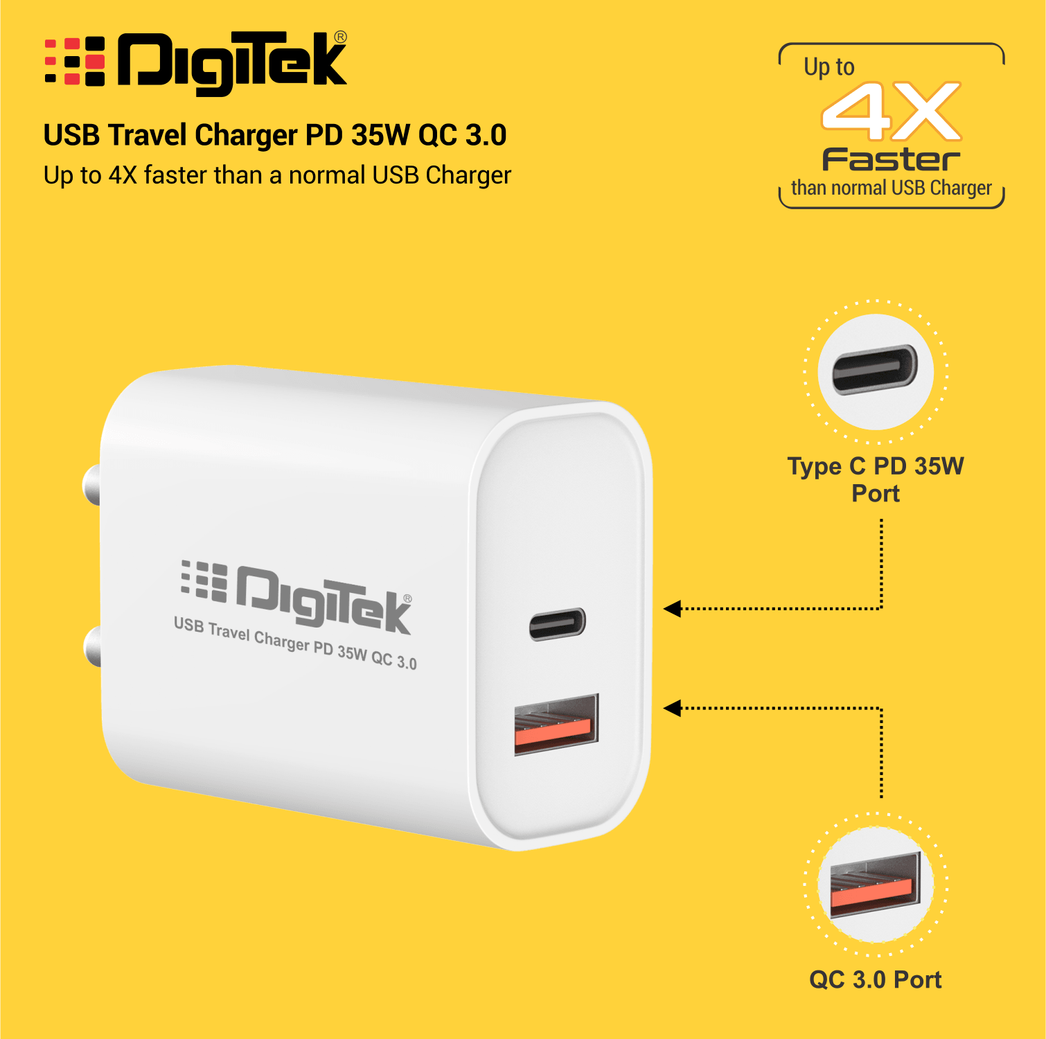 Digitek (DMPD QC 35W) USB Travel Charger QC 3.0 PD 35W, up to 4X Faster Than a Normal USB Charger - Digitek