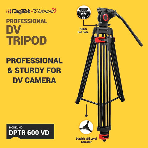 Digitek (DPTR-600VD) (163 CM) Platinum Heavy Duty Video Tripod, with 2 Way Adjustable Pan Head, for DSLR Cameras & Video Camcorders, Maximum Load Upto: 20 kgs (Black) - Digitek