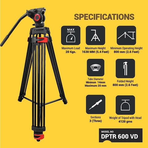 Digitek (DPTR-600VD) (163 CM) Platinum Heavy Duty Video Tripod, with 2 Way Adjustable Pan Head, for DSLR Cameras & Video Camcorders, Maximum Load Upto: 20 kgs (Black) - Digitek