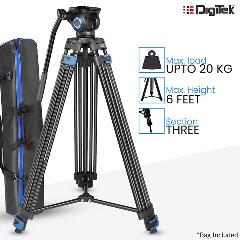Digitek (DPTR 605 VD) (183 cm) Professional Heavy Duty Tripod, with 2 Way Adjustable Pan Head, for Digital Video Cameras, Maximum Operating Height: 6 Feet, Maximum Load Upto: 20 kgs (Black) - Digitek
