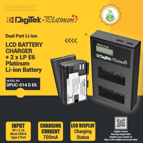 Digitek (DPUC-014 D LP E6 P) Platinum Dual Port Li-ion LCD Battery Charger with 2 Nos of 2500mAh Capacity LP E6 Platinum Li-ion Battery Combo Pack, DPUC-014 D LP E6 P - Digitek