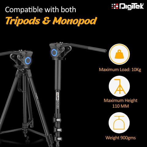 Digitek (DPVH 110) Professional Video Head | Fluid Head with 2 Way Adjustable Pan Head | Supports Multiple Tripods & Monopods (Load Capacity-10 Kgs) - Digitek