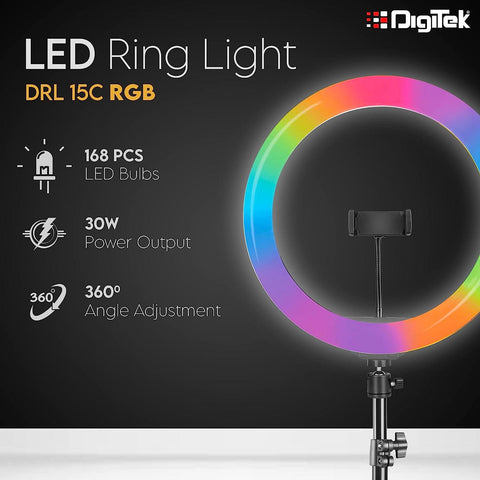 Digitek (DRL-15C RGB) LED RGB Ring Light with Stand for YouTube, Photo-Shoot, Video Shoot, Live Stream, Makeup & More, Compatible with iPhone/Android Phones & Camera - Digitek