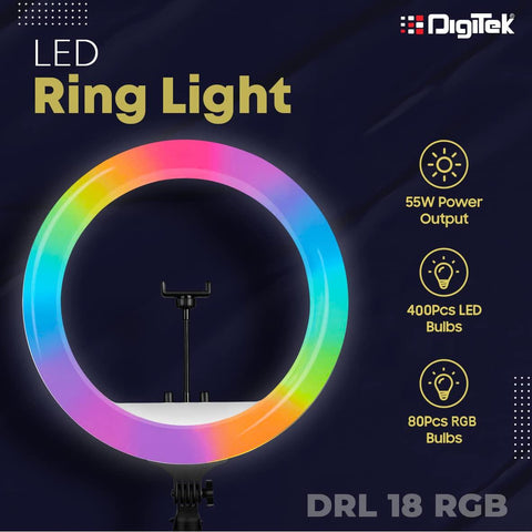 Digitek (DRL-18 RGB) RGB LED Ring Light 46cm for YouTube | Photo-Shoot | Video Shoot | Live Stream | Makeup & Vlogging | Compatible with iPhone/Android Phones & Camera - Digitek