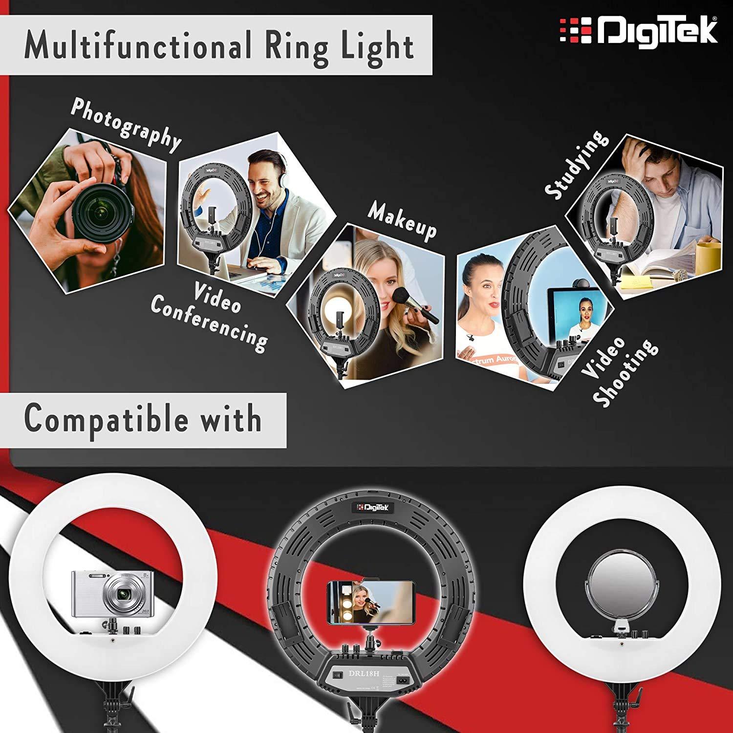 Digitek (DRL-18HC9) Professional 18" inch Ring Light with Stand | 2 Color Modes Dimmable Lighting | for YouTube Photo/Video Shoot Makeup & More | Compatible with iPhone/Android Phone & Camera, Black - Digitek