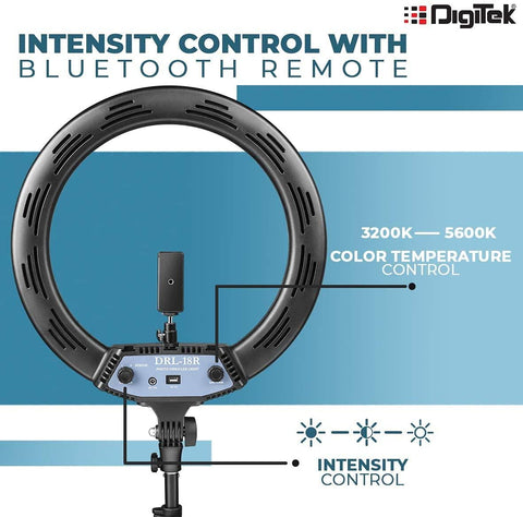 Digitek (DRL-18RC9) Professional 18" Ring Light with Remote & 9 Ft Stand, 2 Color Modes Dimmable Lighting, for YouTube Photo/Video Shoot Makeup, Compatible with iPhone/Android & Camera - Digitek
