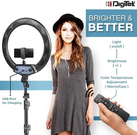 Digitek (DRL-18RC9) Professional 18" Ring Light with Remote & 9 Ft Stand, 2 Color Modes Dimmable Lighting, for YouTube Photo/Video Shoot Makeup, Compatible with iPhone/Android & Camera - Digitek