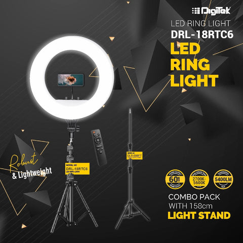 Digitek (DRL-18RT C6) Professional 46cm LED Ring Light with Remote & 158cm Light Stand, Runs on AC Power with No Shadow apertures, Ideal use for Makeup, Video Shoot, Fashion Photography & Many More - Digitek