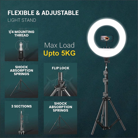 Digitek (DRL18RT C9) Professional 46cm LED Ring Light with Remote & 250cm Light Stand, Runs on AC Power with No Shadow apertures, Ideal use for Makeup, Video Shoot, Fashion Photography & Many More - Digitek