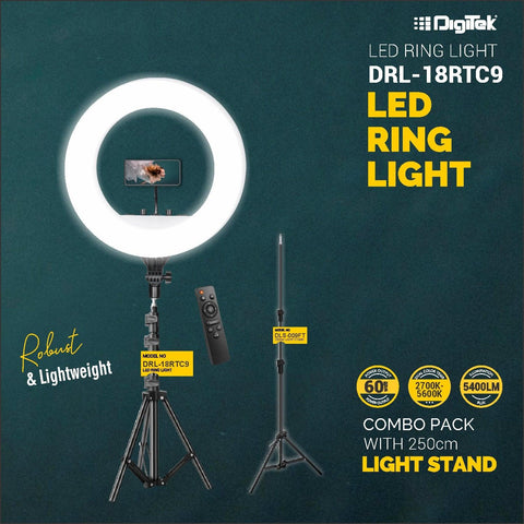 Digitek (DRL18RT C9) Professional 46cm LED Ring Light with Remote & 250cm Light Stand, Runs on AC Power with No Shadow apertures, Ideal use for Makeup, Video Shoot, Fashion Photography & Many More - Digitek