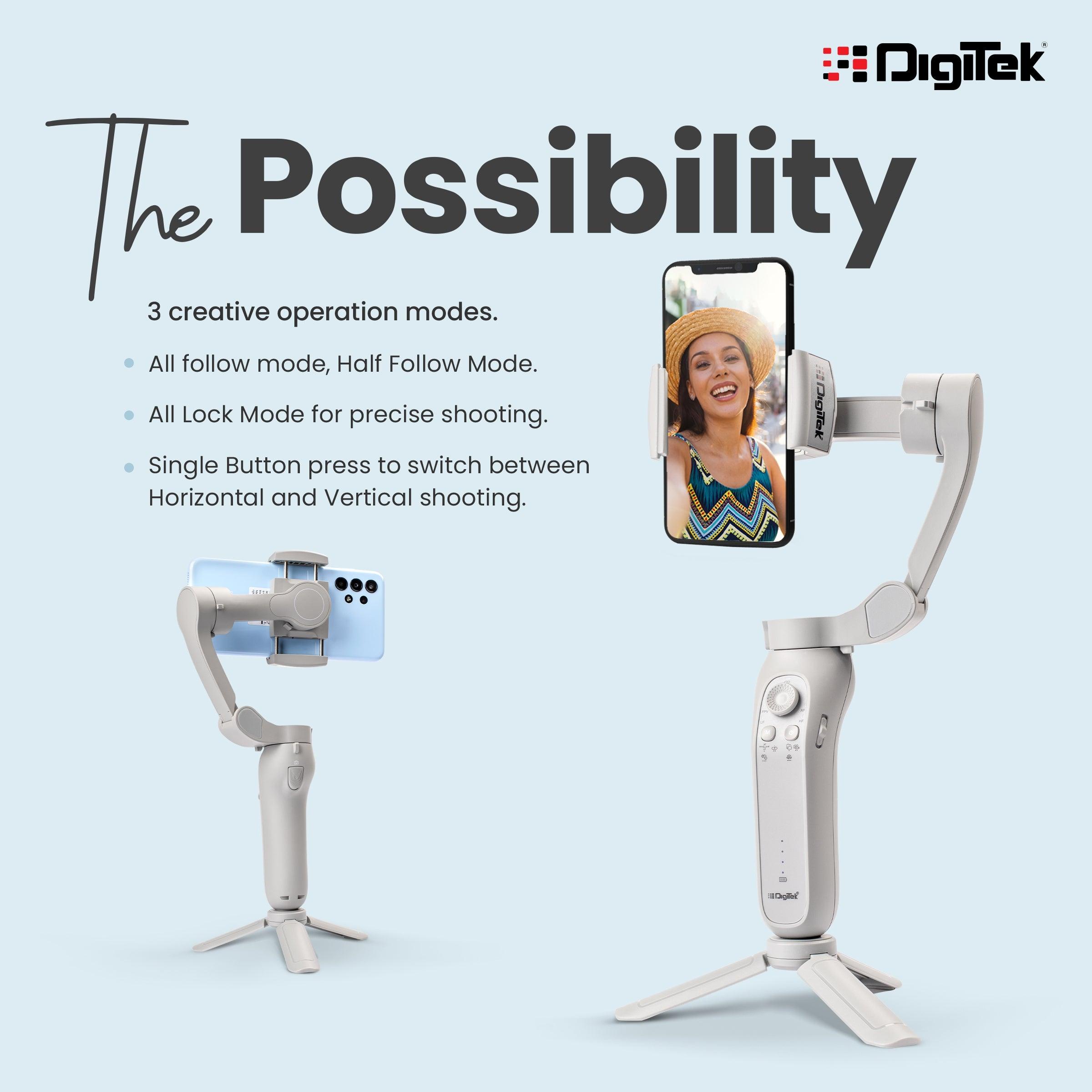 Digitek (DSG 007F) 3 Axis Handheld Steady Gimbal PTZ Camera Mount for All Smart Phones with Face & Object Tracking Motion, Various Time Lapse Features - Digitek