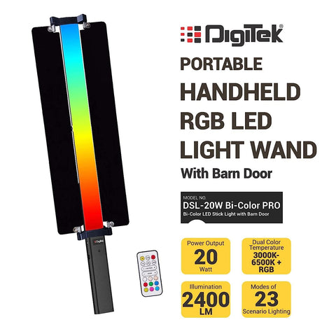 Digitek DSL-20WB RGB Pro Combo Portable Handheld RGB LED Light Wand with Bran Door, NP F750 Battery & Remote for YouTube, Photo-Shoot, Video Shoot, Live Stream, Compatible with Smart Phone & Cameras - Digitek