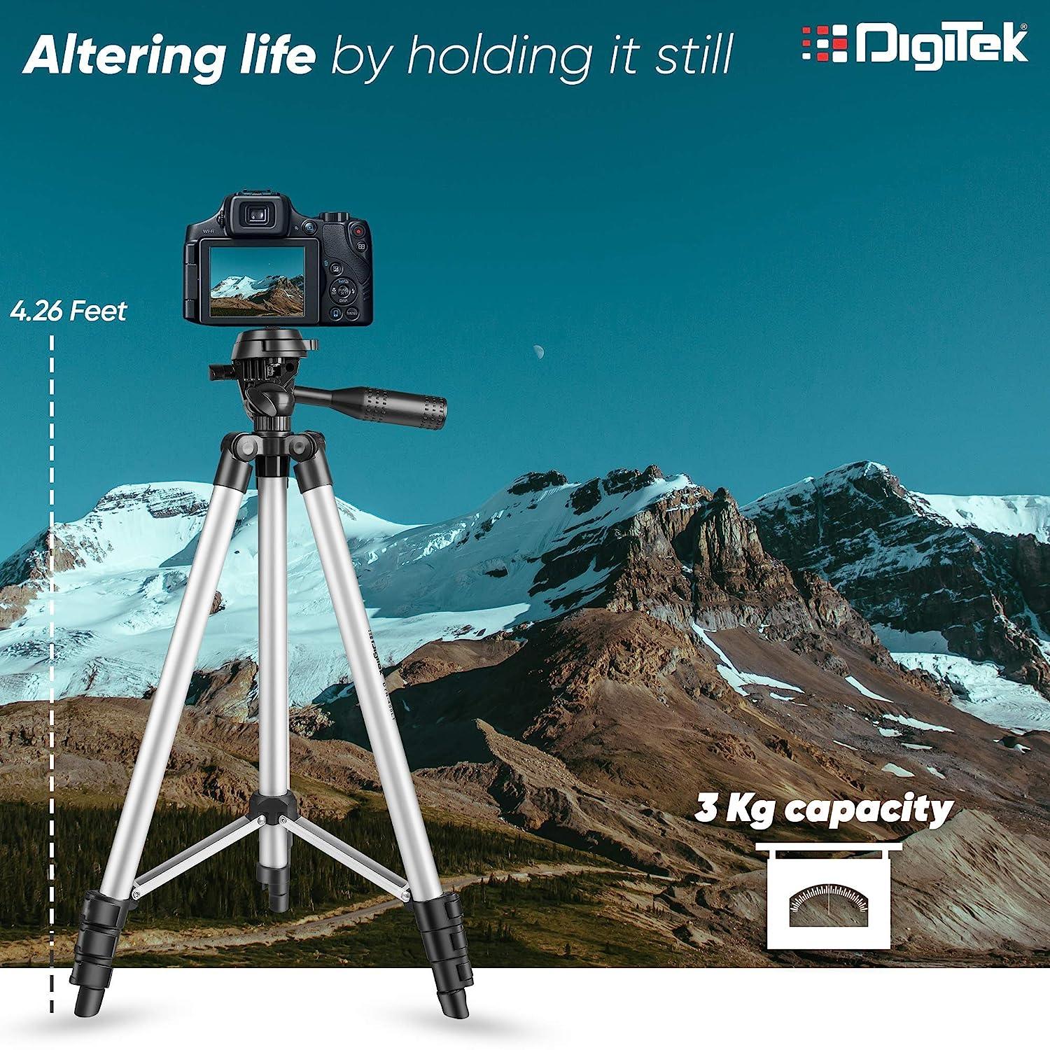 Digitek (DTR 455 LT) (51 Inch) Tripod for Smartphones & Cameras with Mobile Holder and Carry Bag, Max Operating Height - 4.26 Feet, Load Capacity-3 Kg, Lightweight & Sturdy Tripod with Adjustable 3 Way Pan Head - Digitek