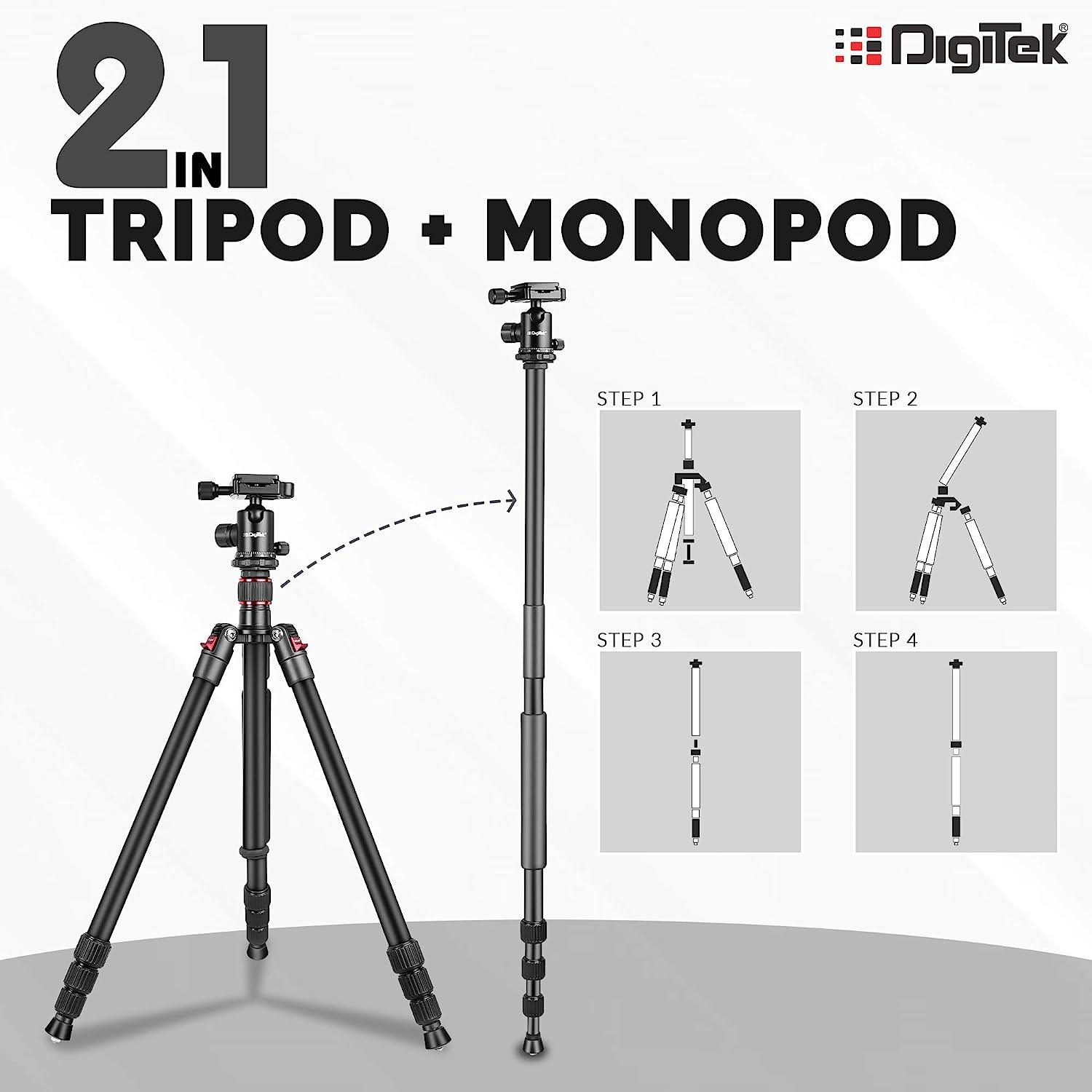 Digitek (DTR-500BH) (152 cm) Professional Aluminum Tripod Cum Monopod, with Swivel Pan Head, Maximum Operating Height : 1510 mm, Maximum Load Upto: 7kgs - Digitek