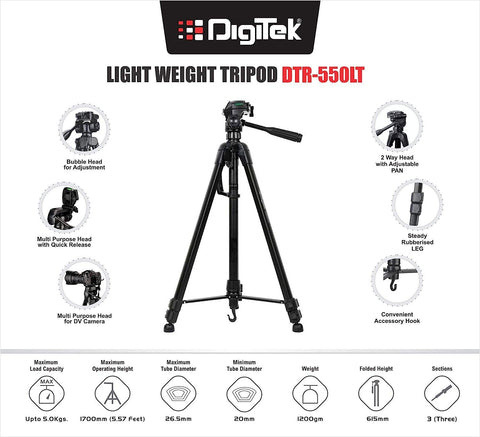 Digitek (DTR-550LT) (65 Inch) Lightweight Tripod (Maximum Load up to 5kg), 5.57 Feet Tall for Digital SLR & Video Cameras, Made Aluminium Material - Digitek