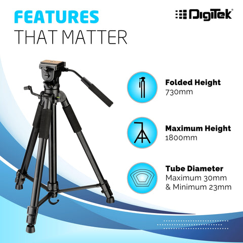 Digitek (DTR590 VD PRO) Tripod for DSLR & Video Cameras, Operating Height : 5.90 Feet, Maximum Load Upto: 6 Kg, Lightweight & Sturdy Tripod with 2 Way Adjustable Head - Digitek