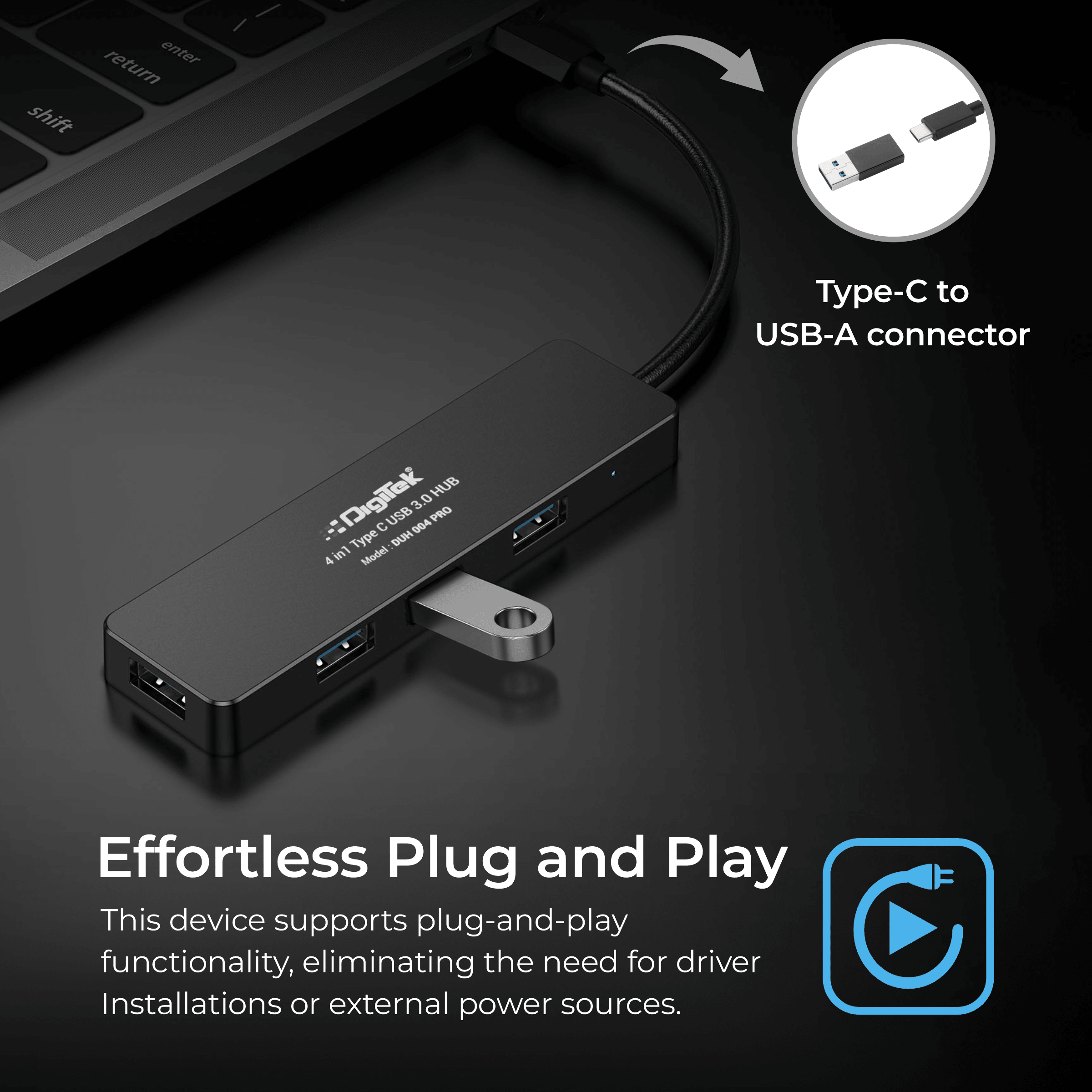 Digitek (DUH 004 PRO) Aluminum USB C Hub with 4 USB Ports, High Speed, Compatible with MacBook, Windows, C-Type Smartphones and Other Type-C Devices - Digitek