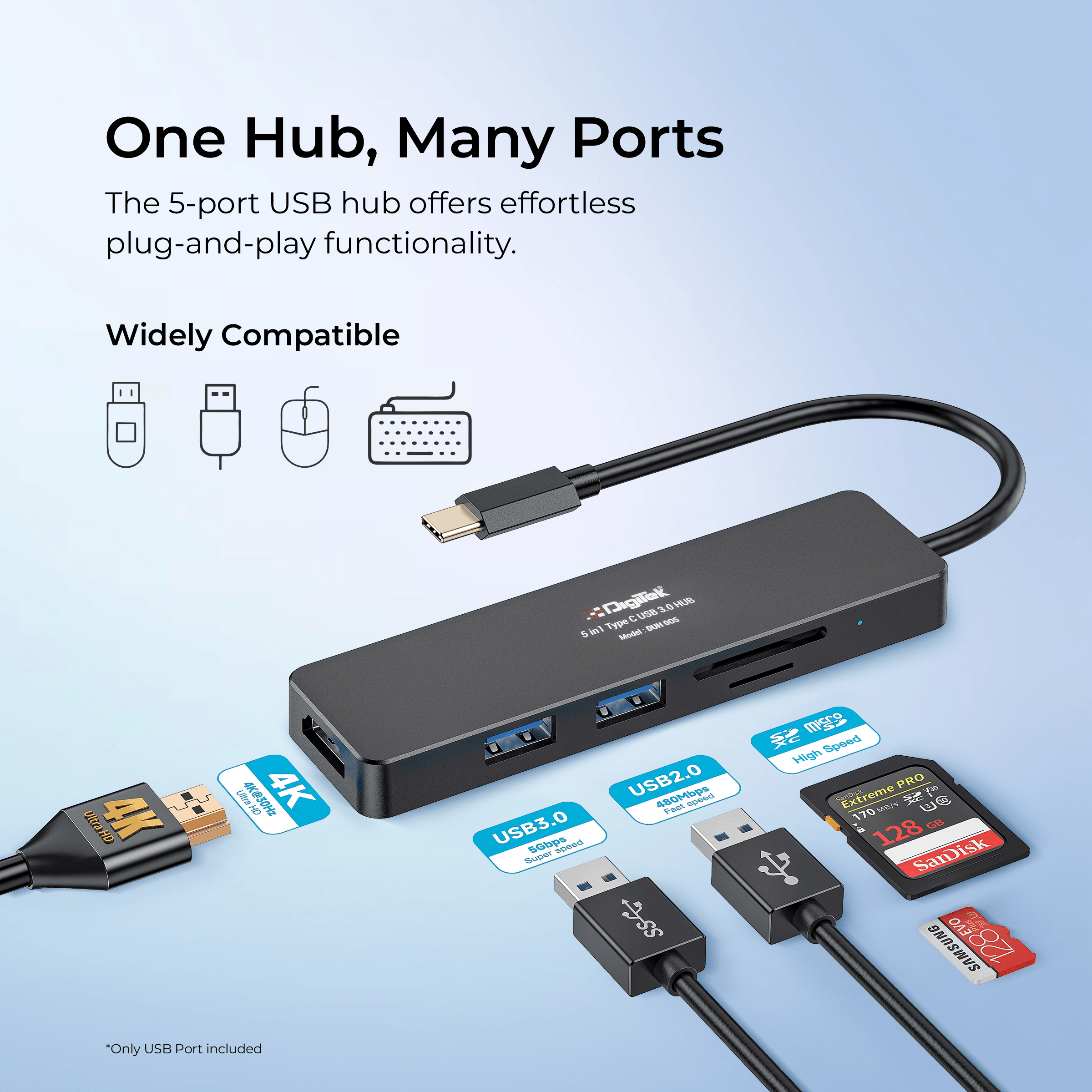 Digitek (DUH 005)USB Hub 5 in 1, 3 USB Port 2.0 & 2 TF & SD Slots Data Transfer Upto 480Mbps Compatible for MacBook, DELL, Computers & Other laptops, Black - Digitek