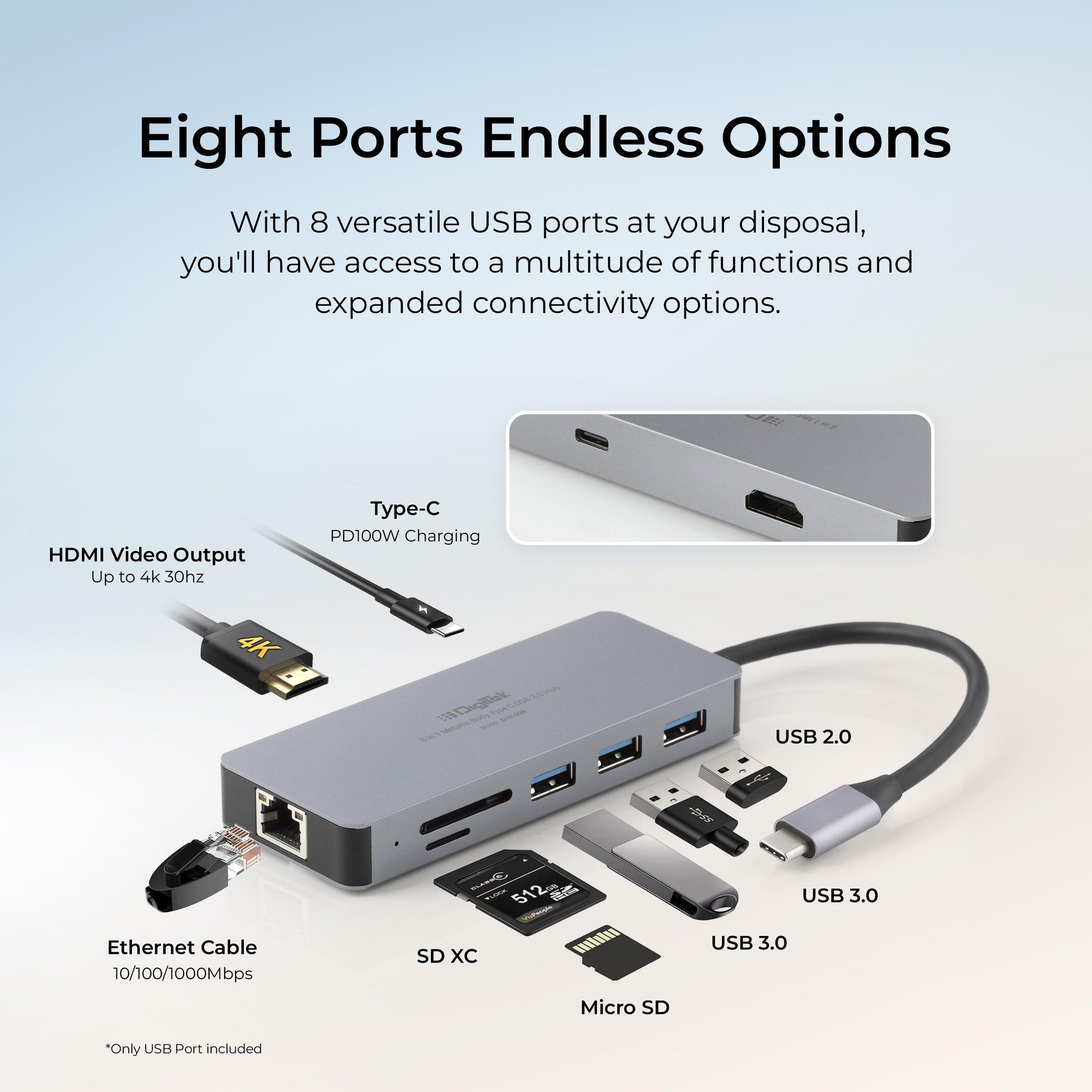 Digitek (DUH 008) USB C Type HUB 8 in 1 Adapter, Aluminium Multi Port Dongle Type-C to Ethernet,USB 3.0, 4K HDMI, PD 3.0 Charging Port, SD/TF Reader