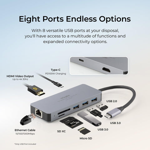 Digitek (DUH 008) USB C Type HUB 8 in 1 Adapter, Aluminium Multi Port Dongle Type-C to Ethernet,USB 3.0, 4K HDMI, PD 3.0 Charging Port, SD/TF Reader for MacBook, DELL, HP Other Type C Phones & Devices - Digitek
