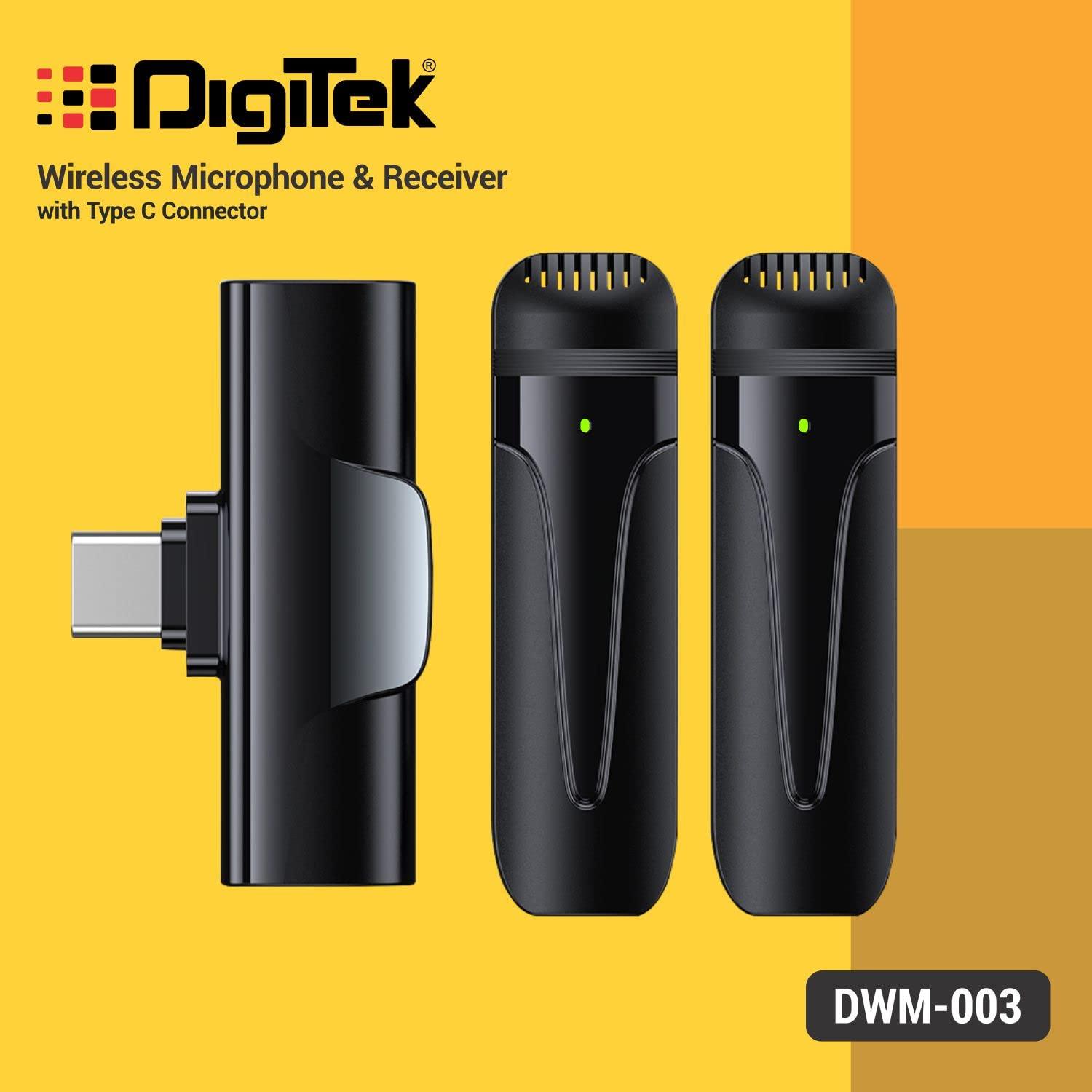 Digitek (DWM-003) 2 Unit Wireless Microphone & 1 Unit Receiver with Type C, Compatible for Noise Cancellation Mic Suitable for Vlog, YouTube, Live Streaming, Video Recording and More - Digitek