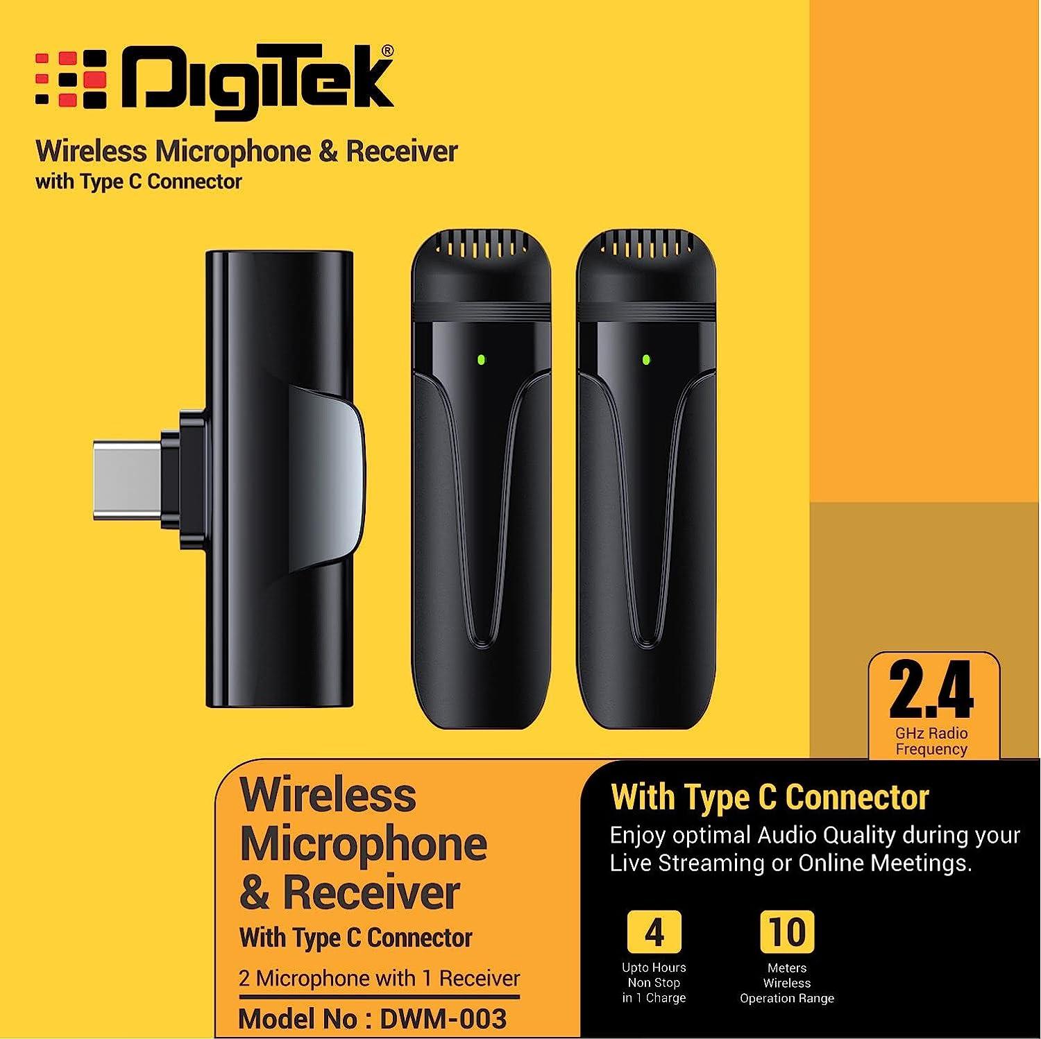 Digitek (DWM-003) 2 Unit Wireless Microphone & 1 Unit Receiver with Type C, Compatible for Noise Cancellation Mic Suitable for Vlog, YouTube, Live Streaming, Video Recording and More - Digitek