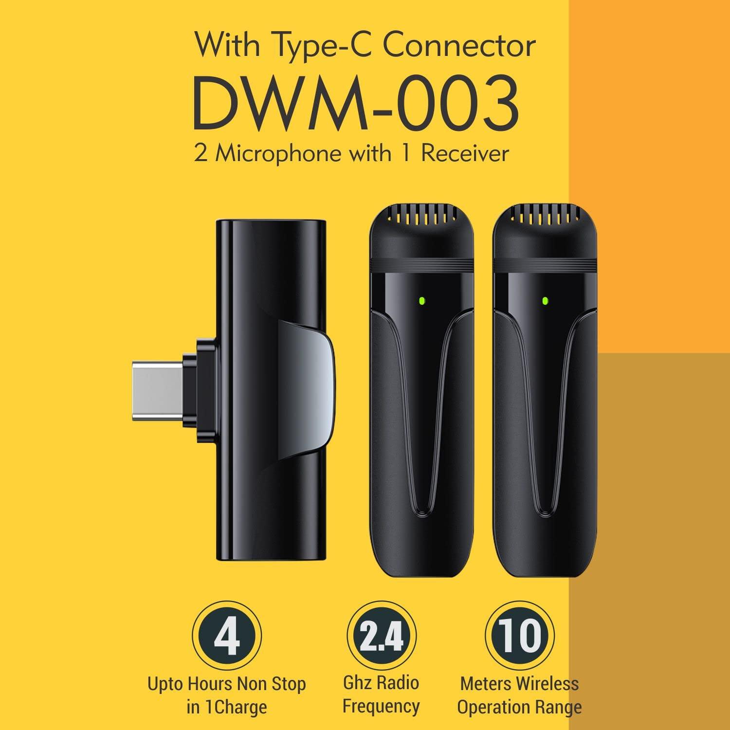 Digitek (DWM-003) 2 Unit Wireless Microphone & 1 Unit Receiver with Type C, Compatible for Noise Cancellation Mic Suitable for Vlog, YouTube, Live Streaming, Video Recording and More - Digitek
