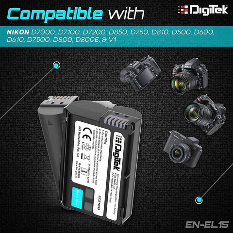 Digitek (EN-EL15) 1900mAh Secondary Rechargeable Battery Packs for Digital Camera EN-EL15, Compatibility - D7000, D7100, D7200, D850, D750, D810, D500, D600, D610, D7500, D800, D800E, & V1 - Digitek