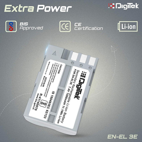 Digitek (ENEL 3E) Rechargeable Li-ion (1500mAh) Battery Packs for Nikon Digital Camera, Compatibility - D700, D300, D300S, D200, D100, D90, D80, D70 & D50 - Digitek
