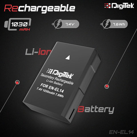 Digitek (ENEL14) 1030mAh Secondary Rechargeable Battery Packs for Digital Camera & Digital Camcorders, Compatibility - D3100 DSLR, D5100DSLR, Coolpix P7000 & More - Digitek