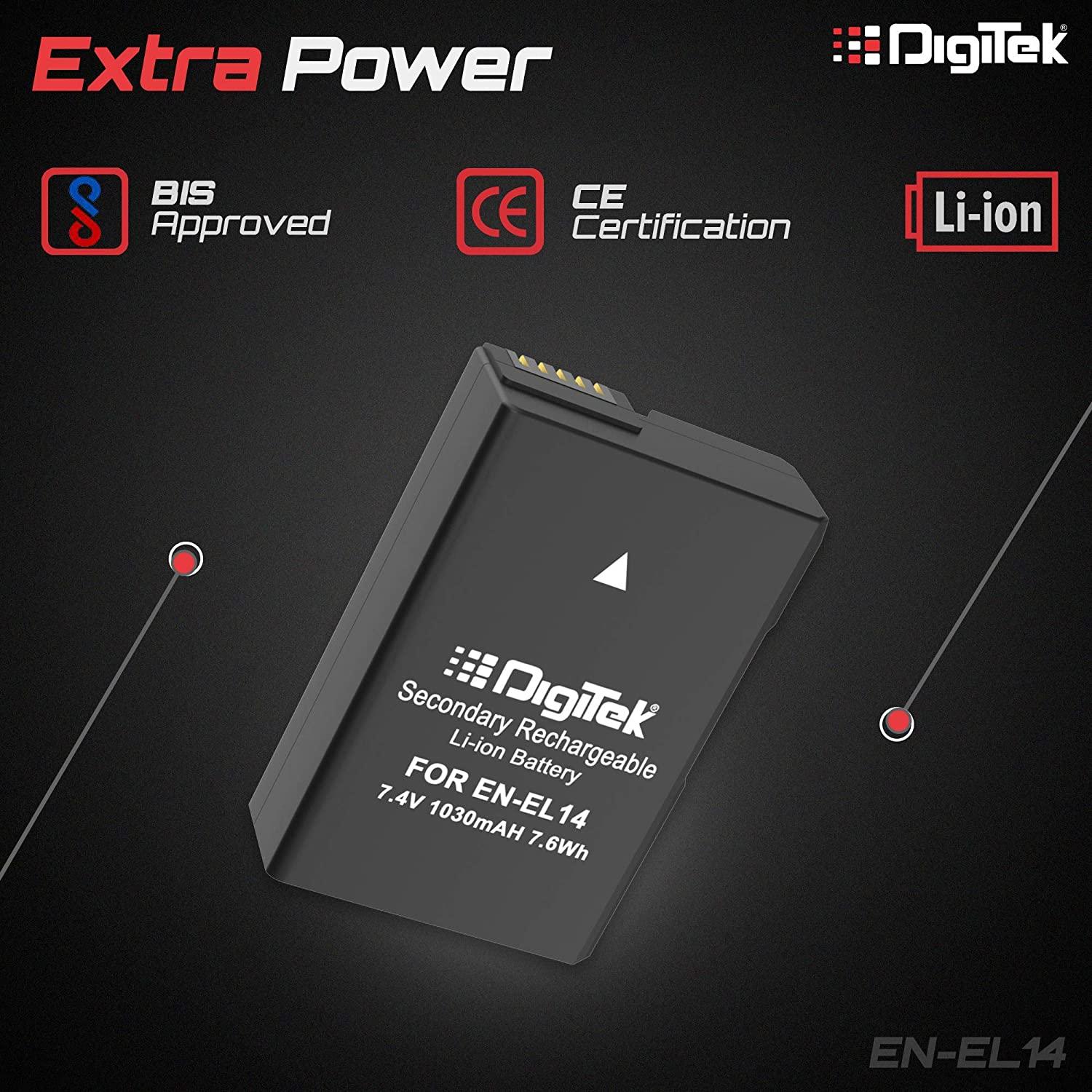Digitek (ENEL14) 1030mAh Secondary Rechargeable Battery Packs for Digital Camera & Digital Camcorders, Compatibility - D3100 DSLR, D5100DSLR, Coolpix P7000 & More - Digitek